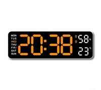 Rectangular digital alarm clock with multiple displays including date, time, day and temperature with brightness adjustment, suitable for hanging on wall or standing on desk (orange light)