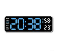 Rectangular digital alarm clock with multiple displays including date, time, day and temperature with brightness adjustment, suitable for hanging on wall or standing on desk (Blue light)