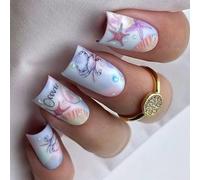 Rectangular False Nails 24pcs Press on Blue 3D Texture Design with Shell Artificial for Stylish Look Trendy Accessories