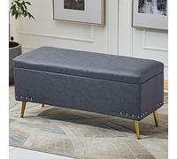 Rectangular Faux Leather Pouf with Storage Upholstered Footrest Ottoman for Living Room Bedroom Entryway Hallway Blue Gray 90x40x45cm (35x16x18inch)