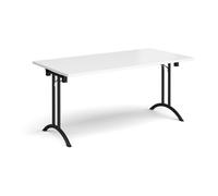 Rectangular folding leg table with black legs and curved foot rails 1600mm x 800mm - white