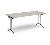 Rectangular folding leg table with chrome legs and curved foot rails 1800mm x 800mm - Light Grey