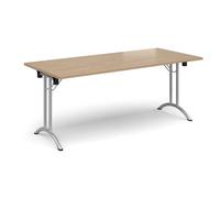 Rectangular folding leg table with silver legs and curved foot rails 1800mm x 800mm - Kendal Oak