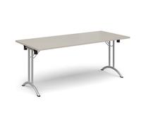 Rectangular folding leg table with silver legs and curved foot rails 1800mm x 800mm - Light Grey