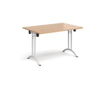 Rectangular folding leg table with white legs and curved foot rails 1200mm x 800mm - beech