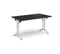 Rectangular folding leg table with white legs and curved foot rails 1400mm x 800mm -Black