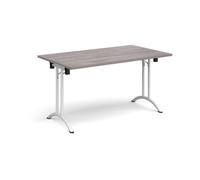 Rectangular folding leg table with white legs and curved foot rails 1400mm x 800mm - grey oak