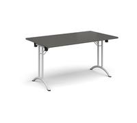 Rectangular folding leg table with white legs and curved foot rails 1400mm x 800mm - Onyx Grey