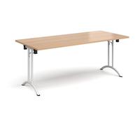 Rectangular folding leg table with white legs and curved foot rails 1800mm x 800mm - beech