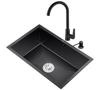 Rectangular Kitchen Bar HYJAUSXB, Black Single Bowl Stainless Steel HYJAUSXB with Angle Faucet and Drain, Countertop or Undermount Installation (Color: Black, Size: 65 x 45 21cm)