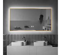 Rectangular LED Bathroom Mirror With Lights Anti-Fog Wall Vanity Mirror 3 Colors Dimmable Large Metal Framed Rectangle Mirror Clock And Temperature Backlit Mirror Memory Shatter-Proof(Gold,60x80cm)