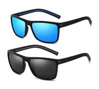Rectangular Men's Sunglasses, 2-Pack, Black Frames, Blue And Grey Lenses | Textured Finish, Reflective Lens Option, Hinged Arms, Integrated Nose Bridges, For Women, Outdoor Errands, Travel And Driving