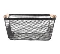 Rectangular Metal Mesh Storage Basket with Wood Handle Black | Large Capacity, Easy to Carry, Comfortable Grip, Nordic Design, Iron and Wood Construction