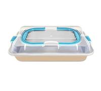 Rectangular Nonstick Baking Pan with Lid Portable Baking Tray with Folding Handle for Dough Bread Cake Food Storage Carbon Steel Pan for Ciabatta Baguette Focaccia Bread etc Champagne Gold 14.5In