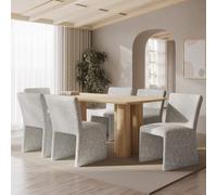 Rectangular Oak Dining Table Set with 6 Neutral Fully Upholstered Chairs - Seats 6 - Gianna