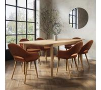 Rectangular Oak Extendable Dining Table Set with 6 Burnt Orange Upholstered Chairs - Seats 6 - Leena