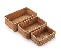 Rectangular Rattan Storage Baskets Stackable Woven Wicker Box Key Holder for Kitchen Cupboards Shelf Natural Set of 3
