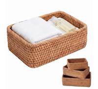 Rectangular Rattan Storage Baskets, Stackable Woven Wicker Serving Organizer Tray, Natural Bread Fruit Basket for Kitchen Countertop, Bathroom, Living Room Organization (M)