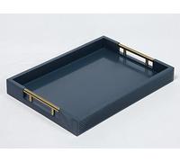 Rectangular Serving Tray with Polished Metal Handles, 16 x 12 Inch, Modern Decorative Tray, Large Ottoman Tray, Perfect for Storage and Display (Blue)