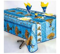 Rectangular stain resistant tablecloth - Wrinkle resistant and 100% Polyester - Blue - 240x150 cm - Bouquet de Blé - 6/8 Cutlery - Indoor or Outdoor - Dining Table, Kitchen or Garden