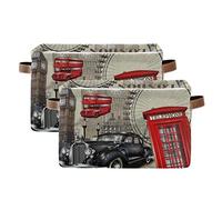 Rectangular Storage Basket Bins, London Big Ben Car Vintage Collapsible Storage Box Cube for Closet Shelves with Handles Laundry Basket Toy Clothes Organizer for Kids Nursery Bedroom 2pc