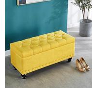 Rectangular Storage Ottoman Bench,Linen Upholstered Bench Seat End of Bed Bench with Storage,Modern Living Room Footstool Entryway Shoes Changing Stool(Yellow,80x40x45cm)