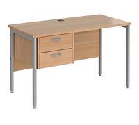 Rectangular Straight Desk Beech Wood H-Frame Legs Silver Maestro 25 1200 x 600 x 725mm 2 Drawer Pedestal
