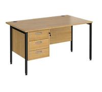 Rectangular Straight Desk Oak Wood H-Frame Legs Black Maestro 25 1400 x 800 x 725mm 3 Drawer Pedestal