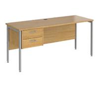 Rectangular Straight Desk Oak Wood H-Frame Legs Silver Maestro 25 1600 x 600 x 725mm 2 Drawer Pedestal