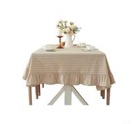 Rectangular Table Cover Striped Cotton Polyester Mix Frilled Edge Heat Resistant Home Decor 150x180cm(Beige)