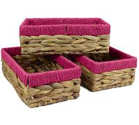 Rectangular Water Hyacinth Small Basket for Storage - Natural & Pink Wicker Basket Shelves - Open Decorative Gift Box - Mini Tray for Makeup, Kitchen Organiser (24cm, Pack of 3)