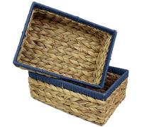 Rectangular Water Hyacinth Small baskets for storage Natural and Blue wicker basket shelves open Decorative gift box Small bathroom mini tray makeup bathroom Kitchen organiser (2, Large 32cm)