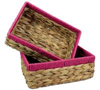 Rectangular Water Hyacinth Small baskets for storage Natural and Pink wicker basket shelves open Decorative gift box Small bathroom mini tray makeup bathroom Kitchen organiser (Medium 22cm, 2, Pack)
