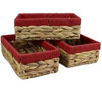 Rectangular Water Hyacinth Small baskets for storage Natural and Red wicker basket shelves open Decorative gift box Small bathroom mini tray makeup bathroom Kitchen organiser (3, Small 24cm)
