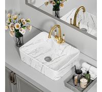 Rectangular White Ceramic Marble Effect Texture Countertop Basin Bathroom Sink W 480mm x D 370mm