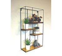 Rectangular Wooden Floating Shelves Bathroom Wall Shelving Unit Black Metal Wire