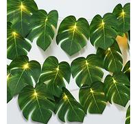RECUTMS 2 Pack Artificial Tropical Palm Leaves String Lights, Large Size 20 LED Monstera Green Leaf Hanging Vine Greenery,Indoor Hawaiian Luau Jungle Beach Safari Baby Shower Party Spring Summer Decor