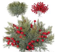 RECUTMS 40Pcs Christmas Artificial Pine Needles Branches Red Holly Berry Stems Faux Cedar Sprigs Pines Leave Needles Picks Greenery for DIY Xmas Garland Wreath Christma Tree Home Garden Bouquet Decor
