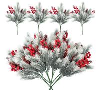 RECUTMS 8Pcs Artificial Pine Needles Branches Christmas Fake Greenery Pine Picks with Pinecone Red Berries Faux Pine Leaves Plant Sprigs for Christmas Garland Wreath Home Garden Decoration (White)