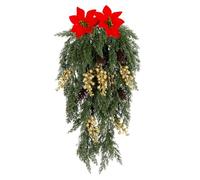 RECUTMS Artificial Christmas Pine Teardrop Swag 2Pcs Fake Winter Cedar Wreath with Pinecones Poinsettia Flower Gold Glitter Berry Stems Hanging Pine Garland Home Wall Door Xmas Indoor Outdoor Decor