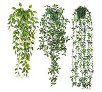 RECUTMS Artificial Hanging Plant with Pots 3 Pack Fake Potted Ivy Vine Plants Faux Eucalyptus Mandala Leaves Pea Pod Greenery for Home Room Patio Office Table Shelf Wall Indoor Outdoor Decor