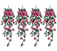 RECUTMS Artificial Rose 4Packs Fake Hanging Rose Flower Faux Ivy Vine Plants for Home Window Garden Office Patio Hanging Planter Pathway Front Porch (Rose Red)