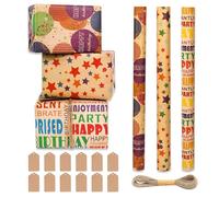 Recyclable Birthday Wrapping Paper Roll, 43x300cm Kraft Rolls and Tags, 3 Rolls Happy Gift Wrap for Girls Boys Kids (Kraft Paper E)
