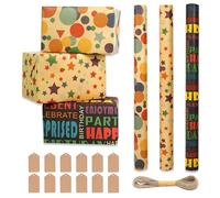 Recyclable Birthday Wrapping Paper Roll, 43x300cm Kraft Rolls and Tags, 3 Rolls Happy Gift Wrap for Girls Boys Kids (Kraft Paper F)