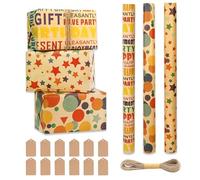 Recyclable Birthday Wrapping Paper Roll, 43x300cm Kraft Rolls and Tags, 3 Rolls Happy Gift Wrap for Girls Boys Kids
