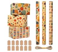 Recyclable Birthday Wrapping Paper Roll, 43x300cm Kraft Rolls and Tags, 3 Rolls Happy Gift Wrap for Girls Boys Kids (Kraft Paper A)
