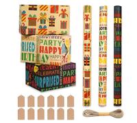 Recyclable Birthday Wrapping Paper Roll, 43x300cm Kraft Rolls and Tags, 3 Rolls Happy Gift Wrap for Girls Boys Kids (Kraft Paper G)