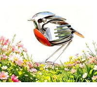 Recycled Fork & Spoon Robin Figurine, Handcrafted Metal Robin Garden Ornament, Rustic Red Chest Bird Statue, Scrap Metal Art Sculpture, Weatherproof Yard Patio Decor, Gifts for Bird Lovers