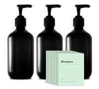 Recycled Plastic Pump Bottle Dispenser 3 x 500ml, Bathroom Bottles With Labels, Empty Refillable Shampoo and Conditioner Bottle with Pump for Liquid Hand Soap, Shower Gel, Body Wash, Lotion, Black