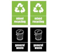Recycling Bin Stickers - Self Adhesive PVC - Pack of 4 Signs - General Waste and Mixed Recycling - 150mm x 100mm